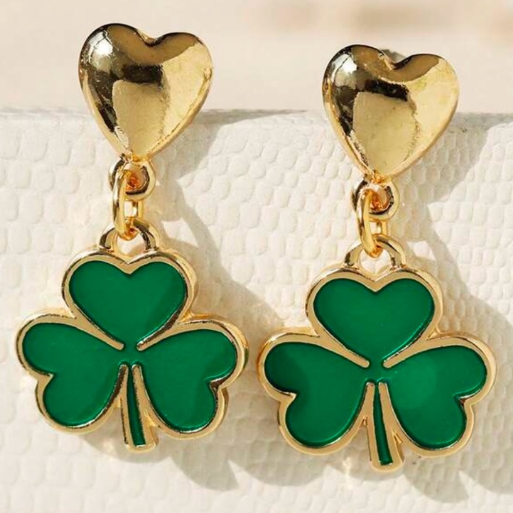 Shamrock Three Leaf Clover Heart Earrings